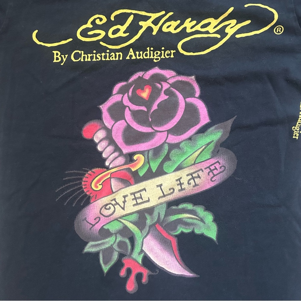 "Love Life" Rose Heart graphic T-shirt black Ed Hardy by Christian Audigier - Picture 4 of 10